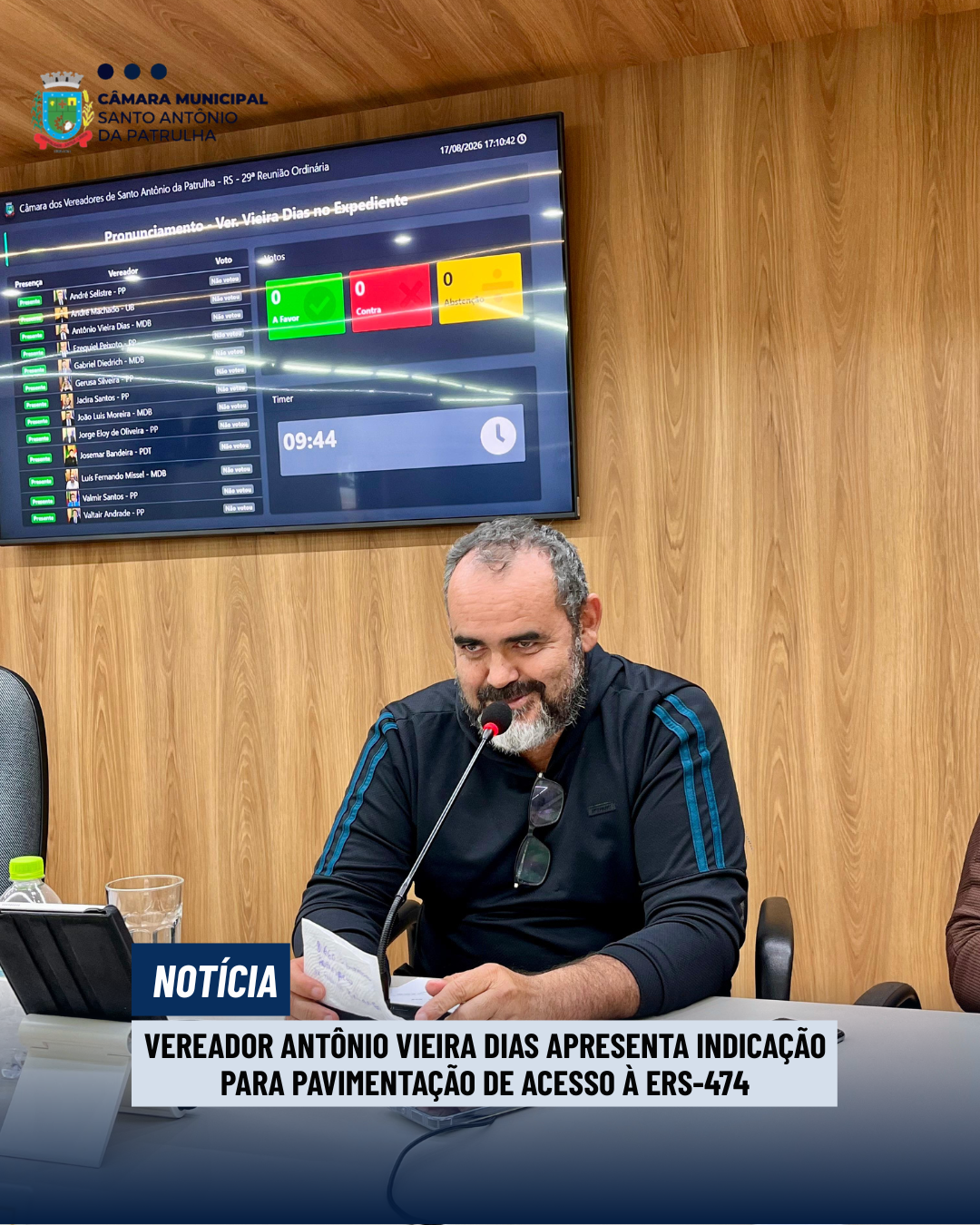 Vereador Antônio Vieira Dias apresenta indicação para pavimentação de acesso à ERS-474