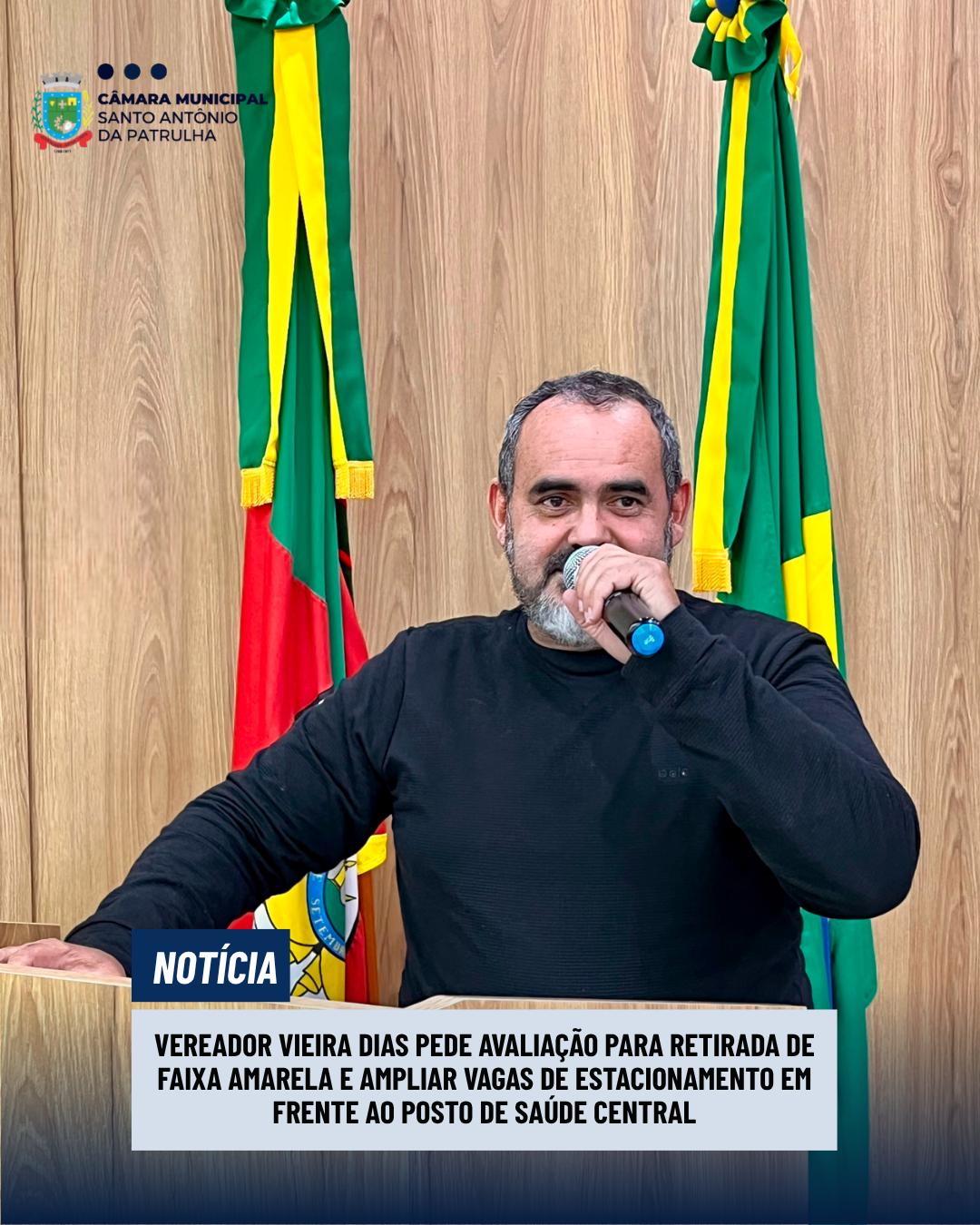 Vereador Vieira Dias pede avaliação para retirada de faixa amarela e ampliar vagas de estacionamento em frente ao Posto de Saúde Central